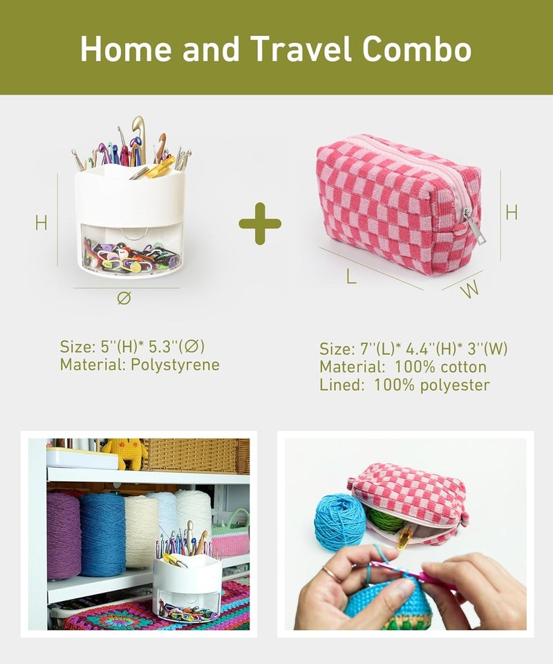 YOJOB Crochet Hook Case & Bag Combo, 360° Rotating Crochet Hooks Holder for Craft Table, Plus an On-the-go Crocheting Project Organizer Bag - Image 2
